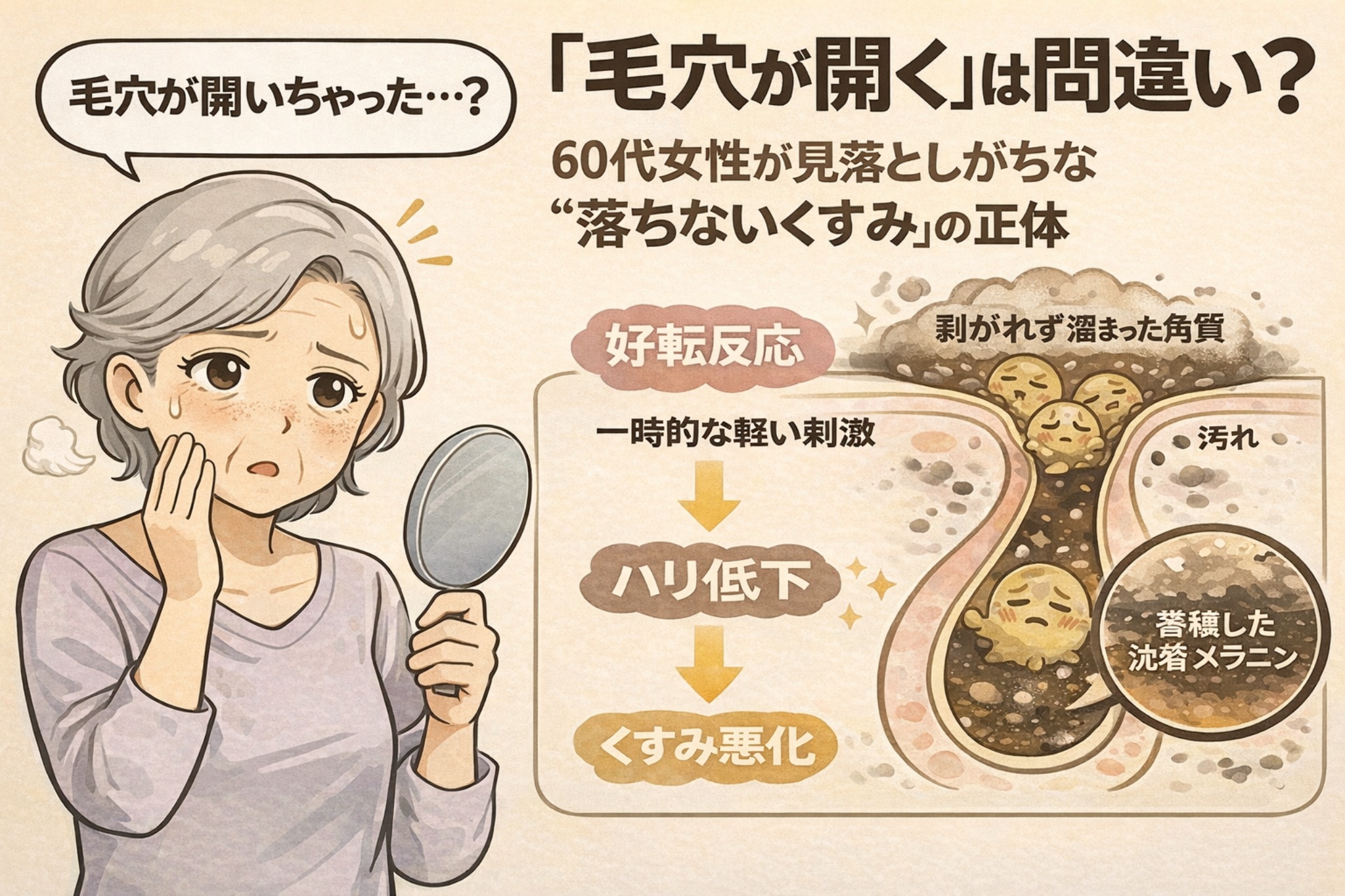 「毛穴が開いた」と感じやすい60代女性のくすみの正体を解説するイラスト。鏡を見て頬を気にする高齢女性と、毛穴断面図で示される剥がれずに溜まった角質や汚れ、沈着したメラニンの構造を対比。ハリ低下によって起こる見た目の変化が、毛穴の“開き”ではなくくすみ悪化として現れることを分かりやすく伝えている。
