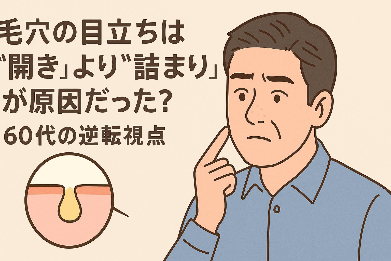 60代男性が頬に指を当てて真剣な表情で毛穴の目立ちに悩んでいる様子を描いたイラスト。左下の吹き出しには詰まった角栓の断面図が表示され、「開き」ではなく「詰まり」が毛穴の目立ちの本質的な原因であることを示唆。右側には「毛穴の目立ちは“開き”より“詰まり”が原因だった？60代の逆転視点」という太字テキストが配置され、従来の常識を覆す視点からのアプローチを訴求する構成。