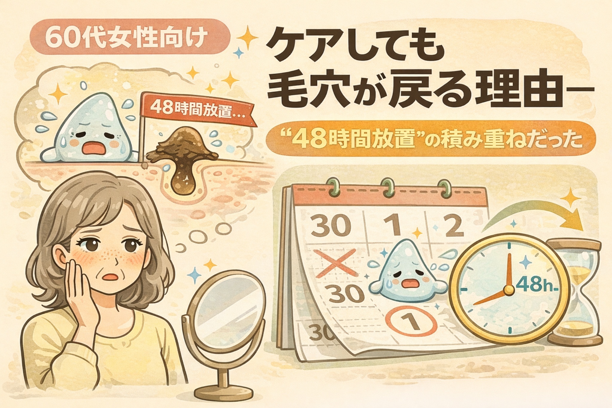 60代女性向けに、ケアしても毛穴が戻ってしまう理由を「48時間放置」の積み重ねという視点で解説した図解イラスト。鏡を見て毛穴を気にする女性と、48時間ケアされずに皮脂や角質が再び溜まる毛穴構造、カレンダーと時計のモチーフを用いて、毛穴トラブルの再発メカニズムを分かりやすく示している。