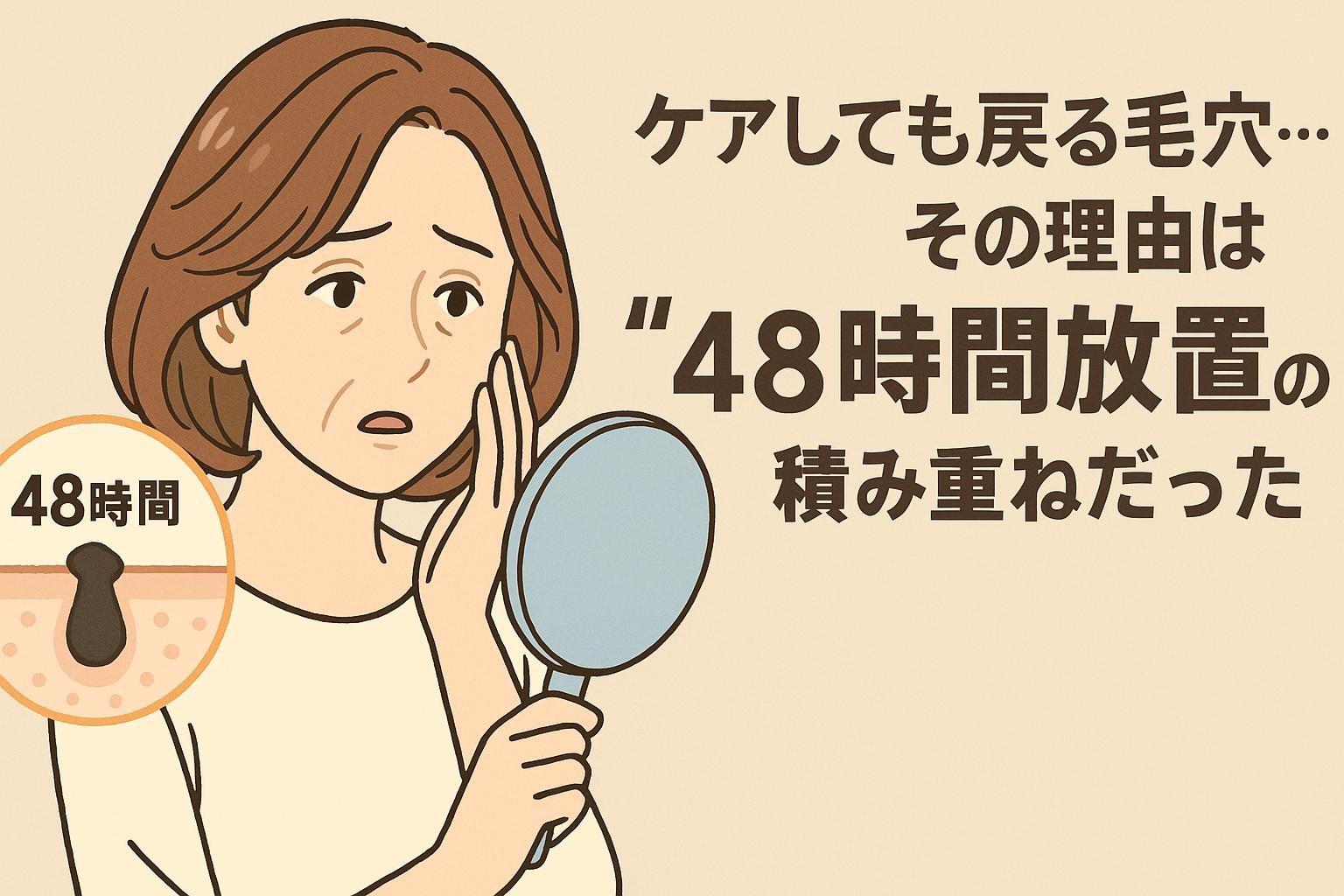 60代の女性が鏡を見つめながら、頬にそっと手を当てて悩む様子を描写。左下には「48時間」の吹き出しと、皮脂詰まりを示す毛穴断面図が描かれ、放置時間による毛穴の詰まり悪化を象徴。右側には「ケアしても戻る毛穴…その理由は“48時間放置”の積み重ねだった」という太字テキストが配置され、日常ケアのタイミングがカギであることを伝える構成。