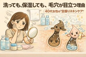 洗顔や保湿をしているのに毛穴が目立つ40代女性の悩みを解説するイラスト。鏡を見て頬の毛穴を気にする女性と、洗う・潤すケアだけでは届かない“空振りスキンケア”の構造を、毛穴断面の擬人化キャラクターで表現。皮脂と水分のバランスが崩れ、毛穴の見え方が改善しにくい理由を分かりやすく示している。