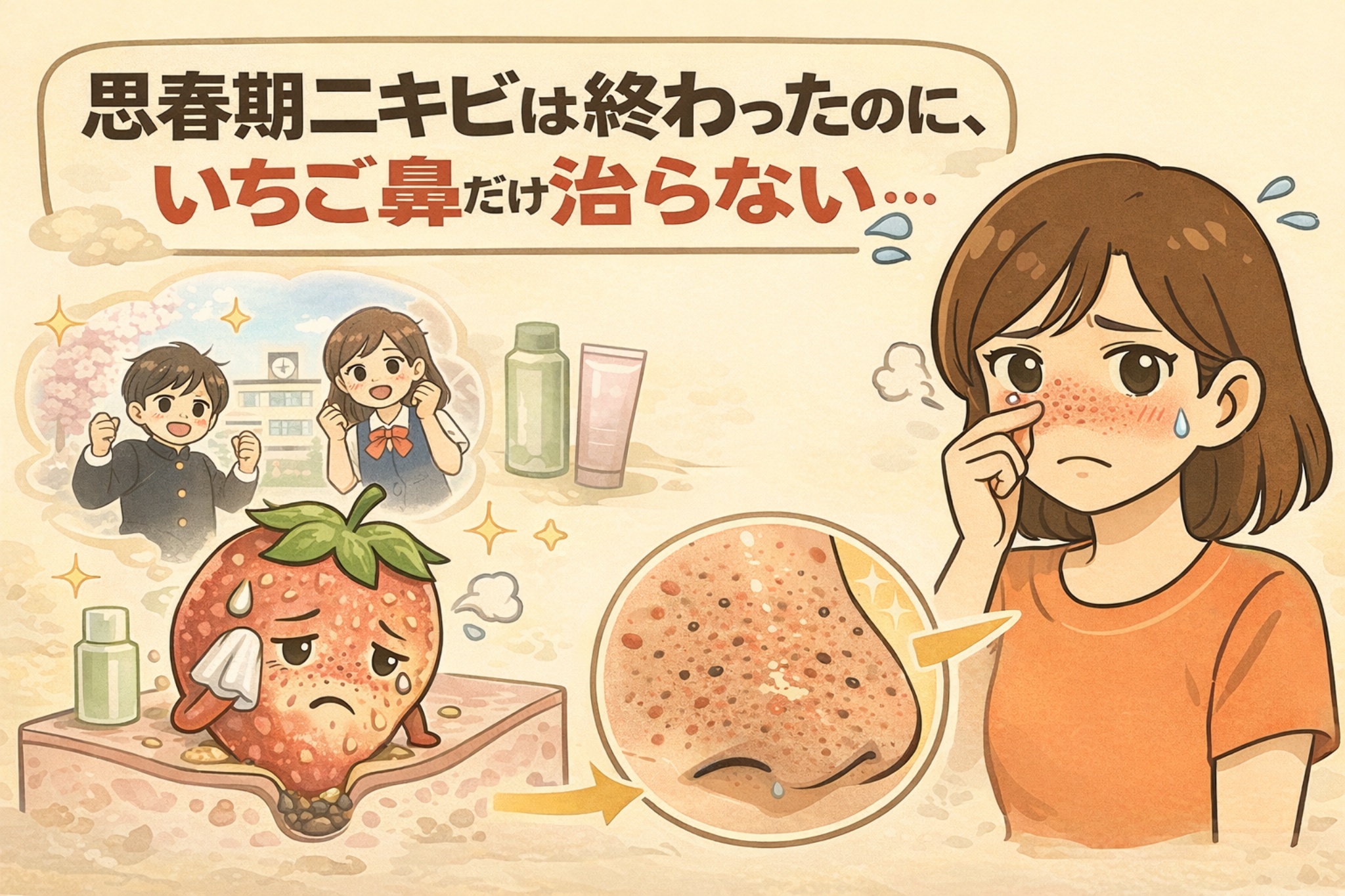 思春期ニキビは治ったのに、いちご鼻だけが改善しない理由を示したイラスト。成長期を過ぎた女性が鼻の黒ずみを気にしている様子と、毛穴断面の拡大図で角栓が残り続ける状態を表現し、ニキビといちご鼻は原因と対処法が異なることを視覚的に伝えている。