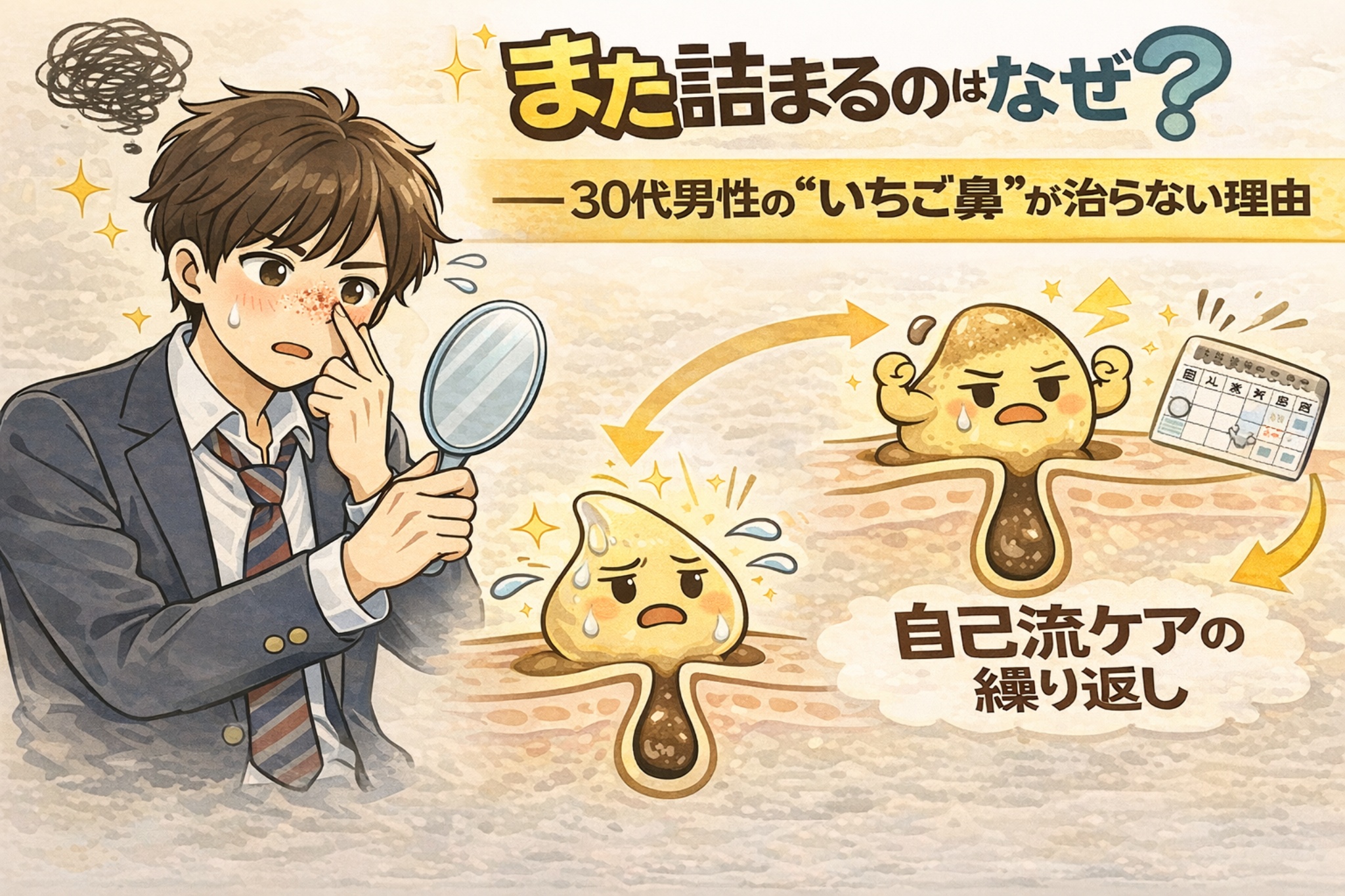 30代男性のいちご鼻が何度も再発する理由を解説したイラスト。鏡で鼻を確認して悩む男性と、毛穴断面図で角栓が詰まり→一時的に取れる→再び詰まるというサイクルが描かれている。自己流ケアを繰り返すことで、同じ毛穴トラブルが戻ってしまう構造を示している。
