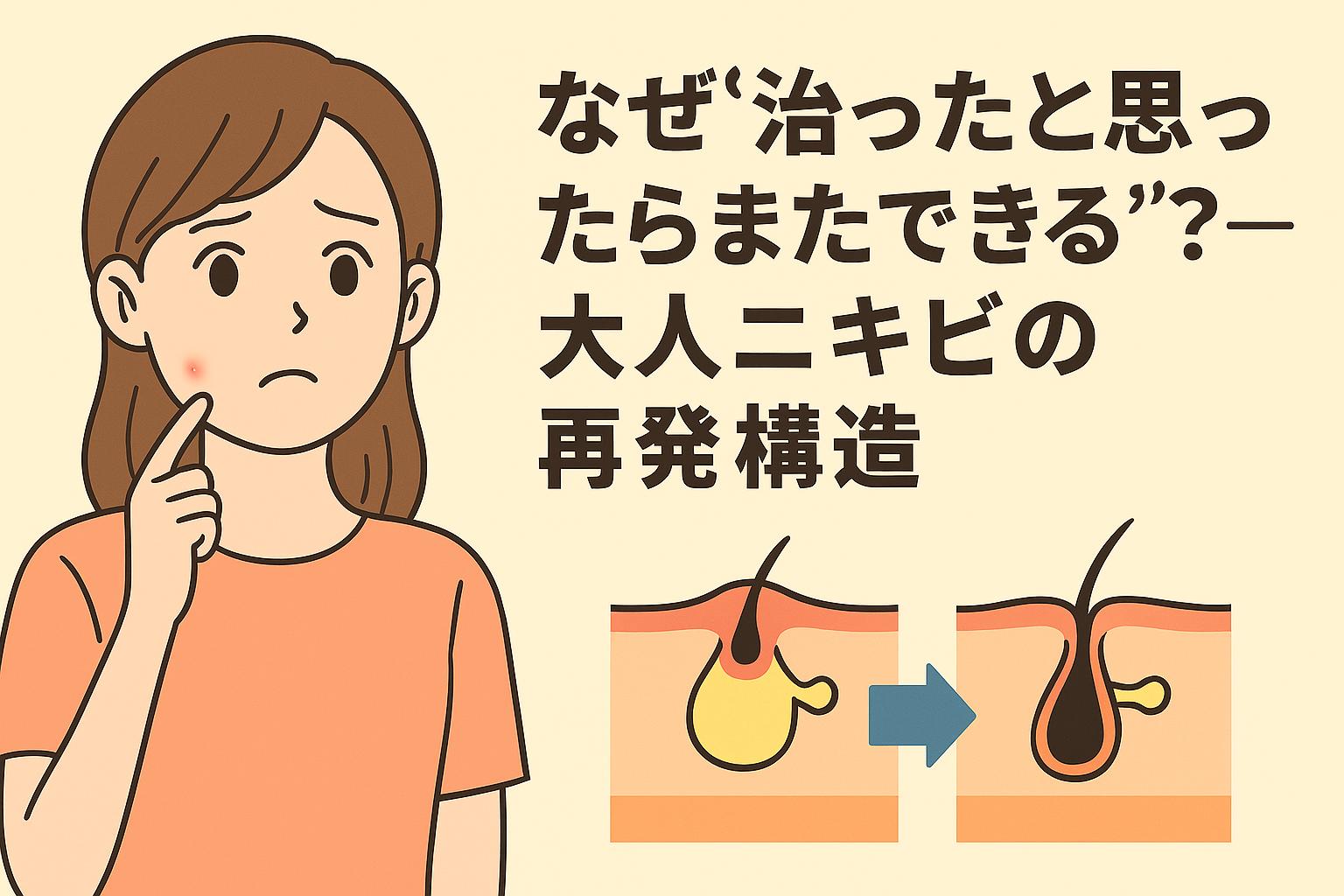 頬のニキビを気にして指を当てる女性のイラスト。右側には「なぜ“治ったと思ったらまたできる”？──大人ニキビの再発構造」という日本語の見出しと、毛穴の状態変化を示すビフォーアフターの図解が配置されている。