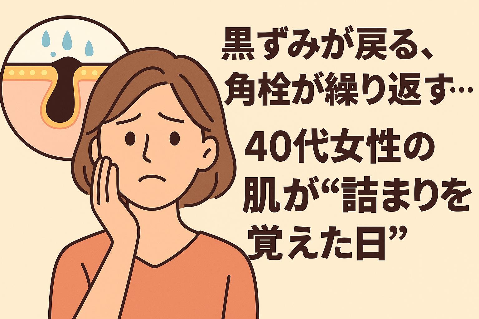 黒ずみや角栓の繰り返しに悩む40代女性が不安げに頬へ手を添える姿。左には黒ずみで詰まった毛穴の断面図、右側には「黒ずみが戻る、角栓が繰り返す…40代女性の肌が“詰まりを覚えた日”」というタイトルが配置されたアイキャッチ画像。