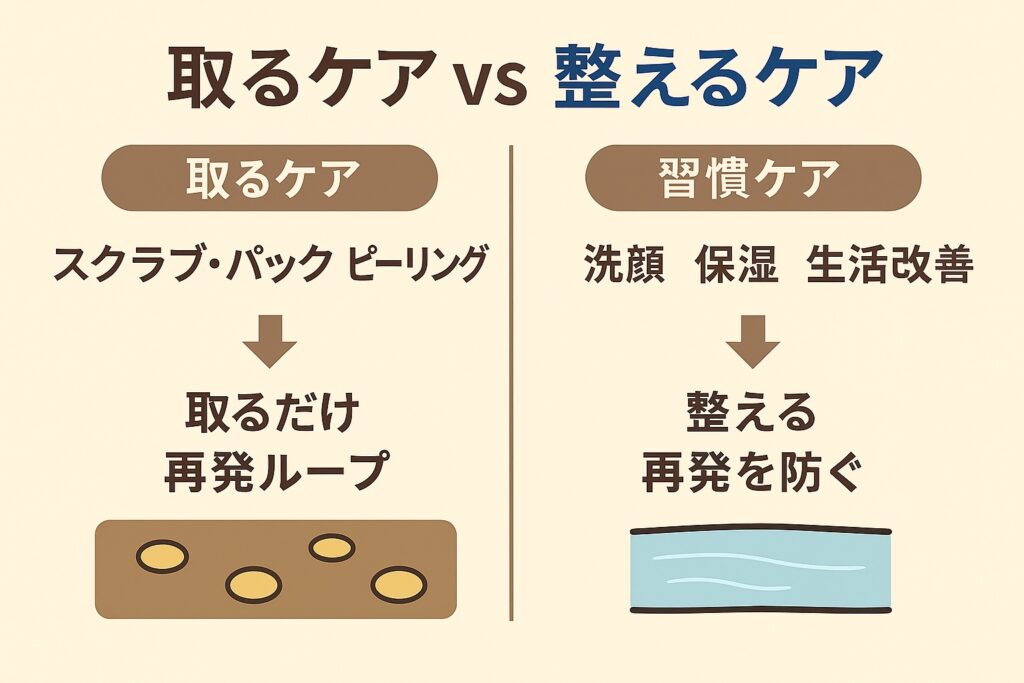 「取るケア vs 整えるケア」を比較した図解表。
左:「取るケア」=スクラブ・パック・ピーリング → 取るだけで再発ループにつながる
右:「整えるケア」=洗顔・保湿・生活改善 → 毛穴を整え、再発を防ぐ
従来の「取るケア」と毎日の「整える習慣」の違いを一目で理解できるレイアウト。