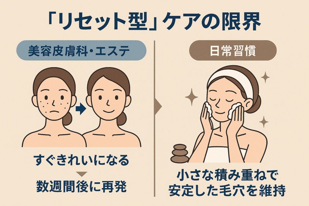 「リセット型ケアの限界」と書かれた比較イラスト。左は「美容皮膚科・エステ」で女性のビフォーアフターを描き、「すぐきれいになるが数週間後に再発」と説明。右は「日常習慣」で泡洗顔を続ける女性を描き、「小さな積み重ねで安定した毛穴を維持」と説明している。