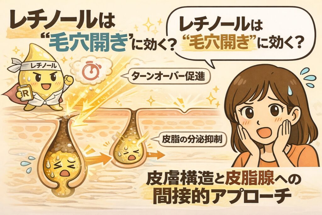 レチノールは毛穴開きに効くのかを、皮膚構造と皮脂腺への作用から解説するイラスト。ターンオーバー促進や皮脂分泌抑制といった間接的な働きを、毛穴断面図と擬人化されたレチノールのキャラクター、驚く女性の表情でわかりやすく表現している。