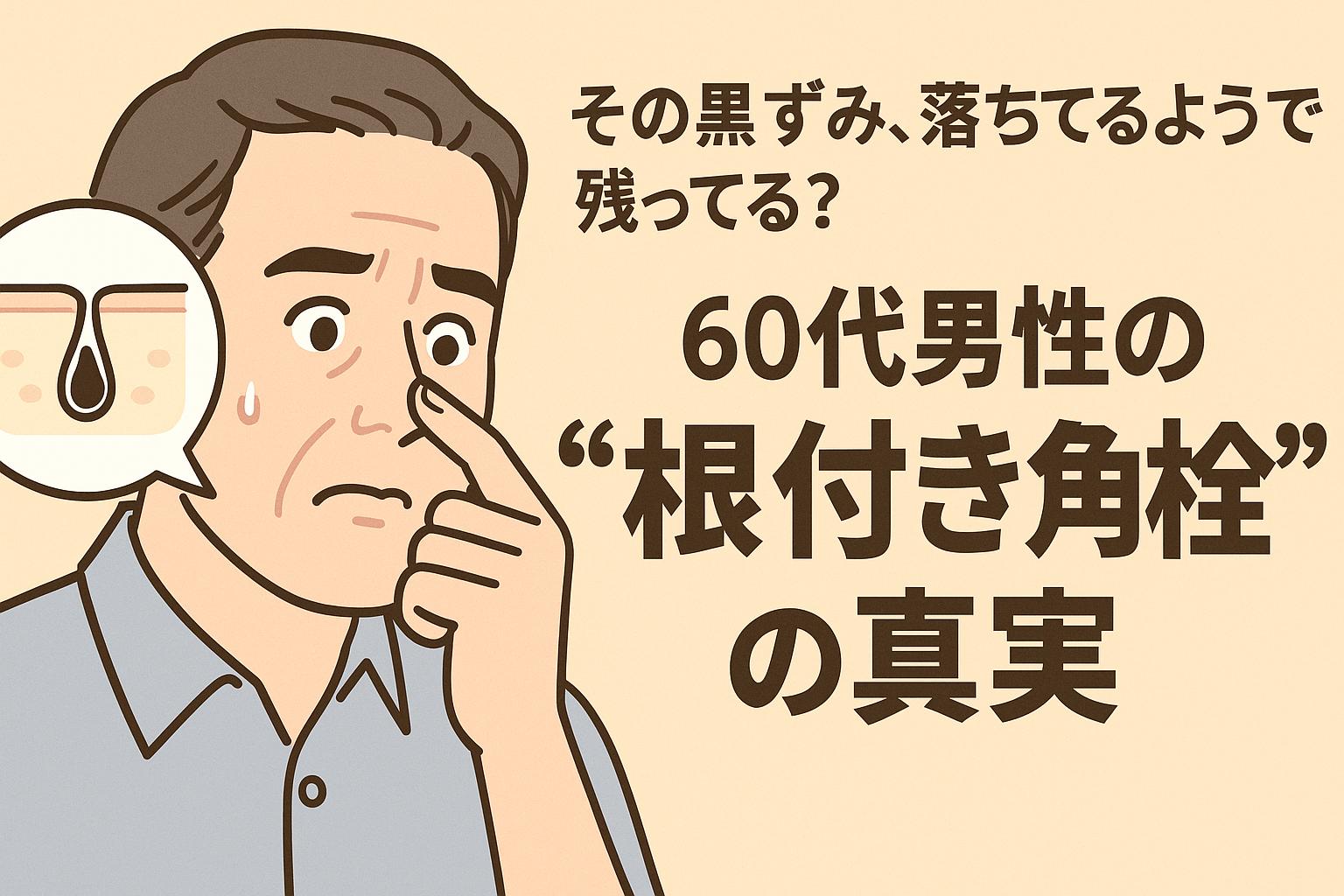60代男性が鏡を見るように鼻の黒ずみを気にしている様子を描いたイラスト。眉をひそめて鼻を指で押さえており、左の吹き出しには皮膚表面に見えない「根付き角栓」を示す毛穴断面図が表示されている。右側には「その黒ずみ、落ちてるようで残ってる？60代男性の“根付き角栓”の真実」という太字テキストが配置され、表面の黒ずみが実は奥深くに残っている可能性を示唆する構成。