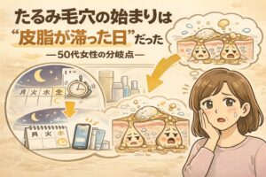 50代女性のたるみ毛穴が始まる仕組みを解説する図解イラスト。「たるみ毛穴の始まりは“皮脂が溜まった日”だった」という見出しのもと、皮脂が毛穴に滞留して広がり、たるみへと進行する流れが擬人化された毛穴断面で描かれている。生活リズムの乱れやケアのタイミングが影響する様子とともに、鏡を見て不安そうな女性の表情が配置され、50代女性にとっての毛穴トラブルの分岐点を分かりやすく示した教育用ビジュアル。