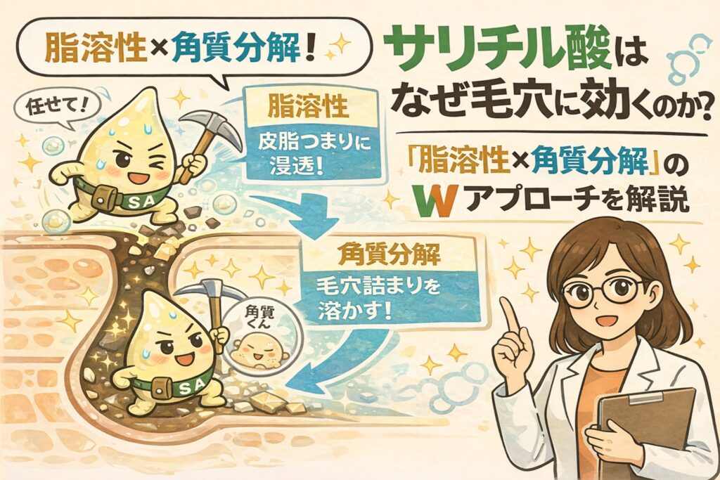 サリチル酸が毛穴に効く理由を「脂溶性×角質分解」のWアプローチで解説するイラスト。脂溶性により皮脂詰まりへ浸透し、角質分解によって毛穴詰まりをやわらかくする仕組みを、擬人化キャラクターと毛穴断面図、白衣の解説者でわかりやすく表現している。