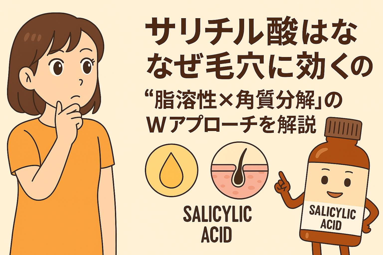 サリチル酸の「脂溶性×角質分解」のダブルアプローチをテーマにしたイラスト。毛穴への効果を考える女性と、成分キャラクター、皮脂や角質の構造図が構成された内容。