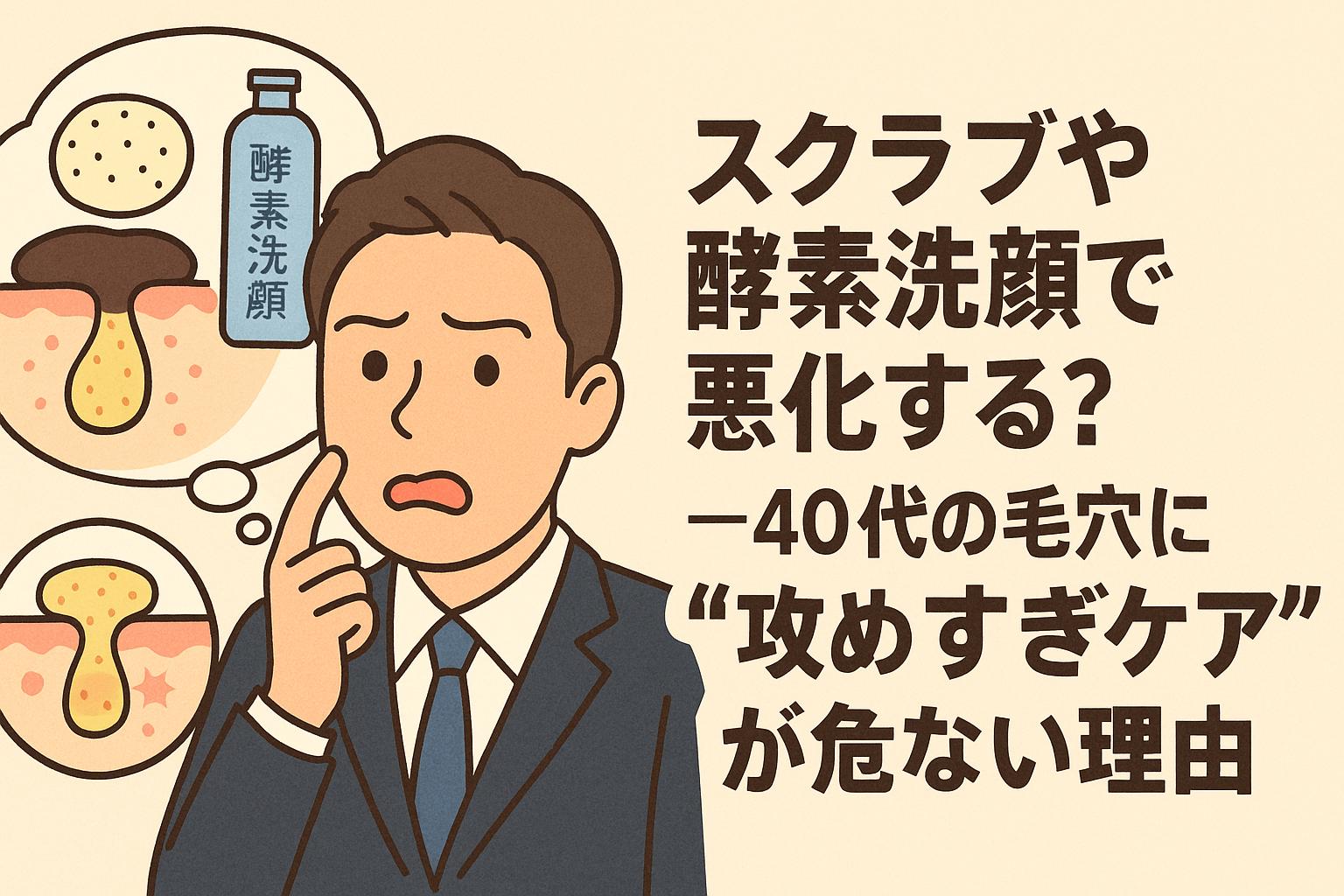 スクラブや酵素洗顔の使用に悩む40代男性のイラスト。スーツ姿の男性が困惑した表情で頬に手を添えており、思考バブル内には「酵素洗顔」のボトルと、炎症を起こした毛穴や角栓の図解が描かれている。右側には「スクラブや酵素洗顔で悪化する？──40代の毛穴に“攻めすぎケア”が危ない理由」という太字テキストが配置され、過剰な洗浄による肌トラブルへの注意を促す構成。