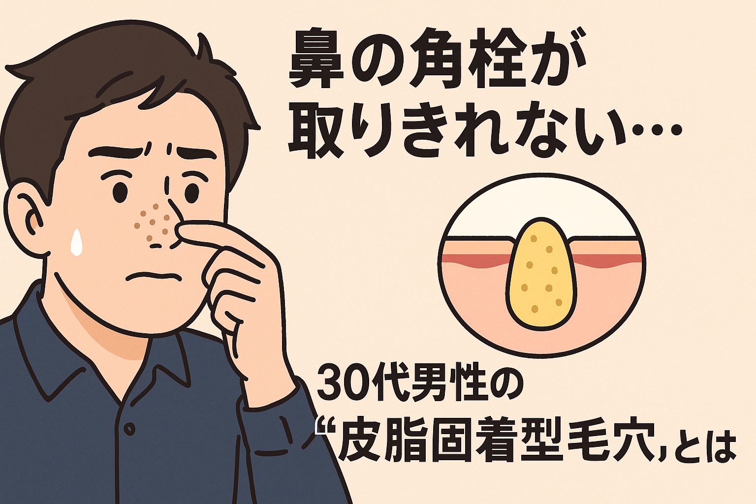 30代男性が鼻の角栓を気にしている表情と、皮脂が固着した毛穴構造を示す断面図のイラスト。日本語テキストで“皮脂固着型毛穴”の問題を訴求。