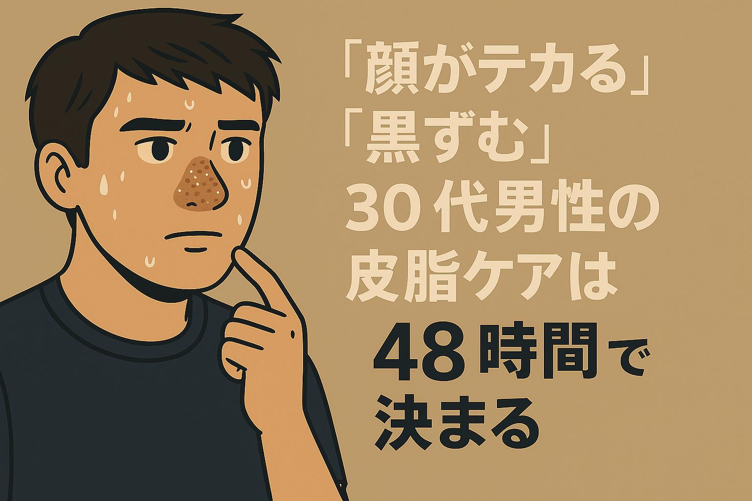テカリや黒ずみに悩む30代男性が、鼻を気にして指を当てる構図。48時間以内の皮脂ケアの重要性を訴えるベージュ背景のビジュアル。