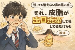 洗っても消えない鼻の黒い点に悩む男子学生が鼻を指で確認しており、「それ、皮脂が出口渋滞してるだけかも」という説明とともに、毛穴の出口で皮脂が詰まり渋滞している様子を擬人化キャラクターと毛穴断面図で解説しているイラスト