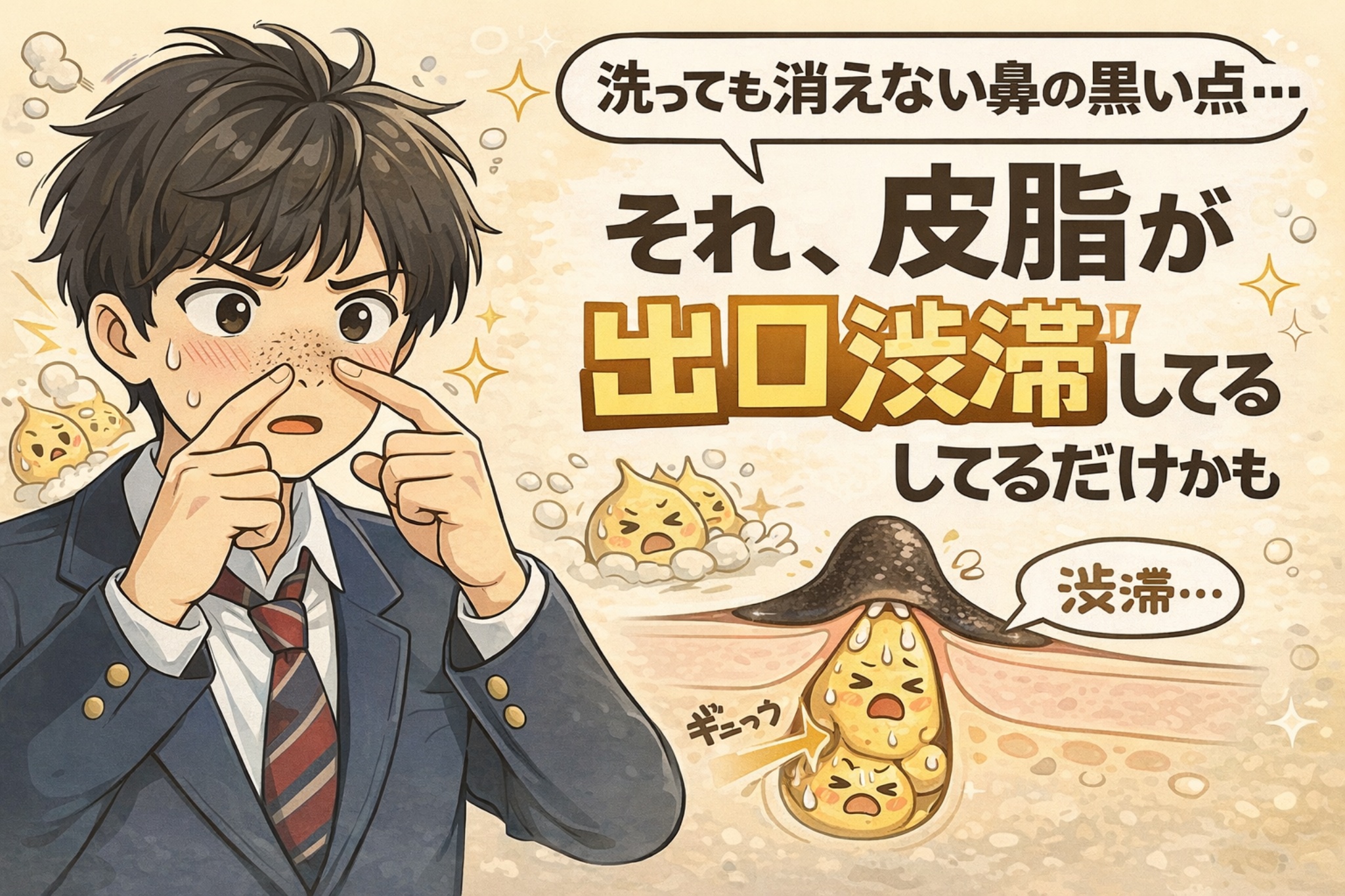 洗っても消えない鼻の黒い点に悩む男子学生が鼻を指で確認しており、「それ、皮脂が出口渋滞してるだけかも」という説明とともに、毛穴の出口で皮脂が詰まり渋滞している様子を擬人化キャラクターと毛穴断面図で解説しているイラスト