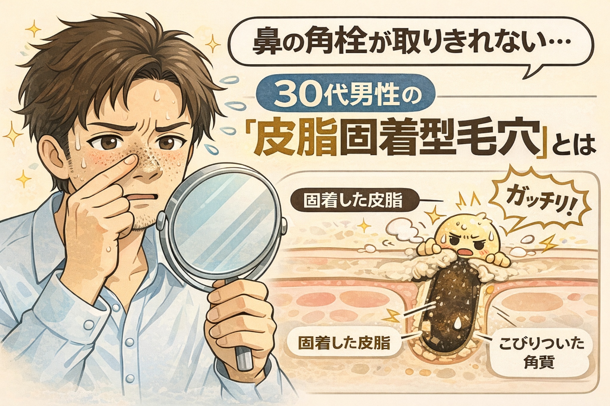 30代男性の「皮脂固着型毛穴」を解説する図解イラスト。鏡で鼻の角栓を確認する男性と、毛穴断面図では皮脂が固着して角質と結びつき、角栓がガッチリ詰まって取れにくくなっている様子が描かれている。固着した皮脂とこびりついた角質の構造を示し、洗顔だけでは角栓が除去できない理由をわかりやすく伝えるビジュアル。