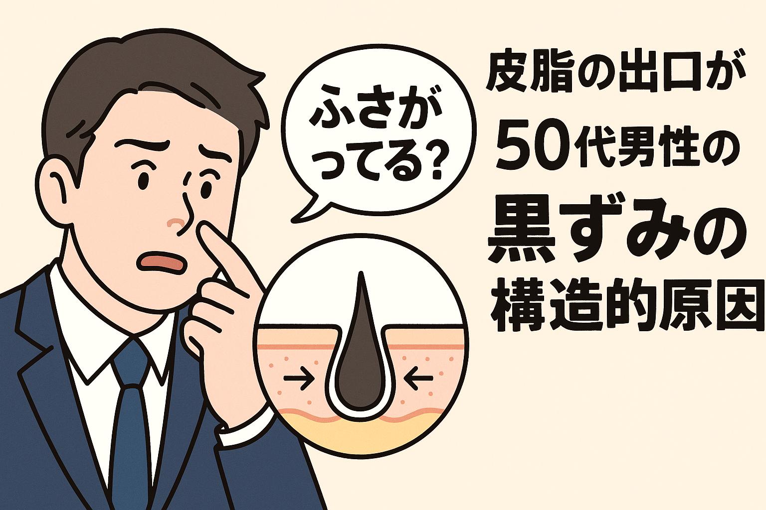 50代男性の黒ずみの構造的な原因に焦点を当てたイラスト。鼻を指差して驚く男性の横に、毛穴の出口が塞がれて皮脂が詰まっている断面図を吹き出しで表示し、「ふさがってる？」というセリフとともに皮脂排出構造の重要性を視覚的に伝える構成。