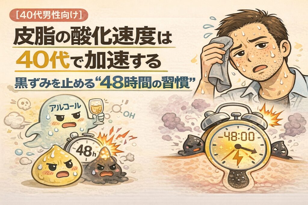 40代男性向けに、皮脂の酸化速度が加速し黒ずみが進みやすくなる理由を解説したイラスト。アルコールや生活習慣の影響で皮脂の劣化が早まり、「48時間」の放置が黒ずみにつながる様子を、時計モチーフと毛穴断面図、擬人化キャラクターで表現。汗を拭う男性の姿とともに、40代から重要になる習慣ケアの必要性を示している。