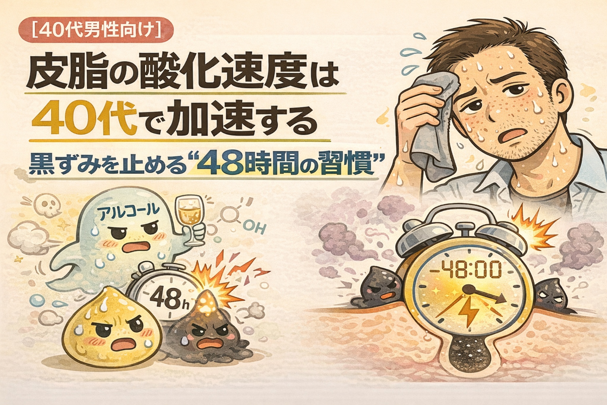 40代男性向けに、皮脂の酸化速度が加速し黒ずみが進みやすくなる理由を解説したイラスト。アルコールや生活習慣の影響で皮脂の劣化が早まり、「48時間」の放置が黒ずみにつながる様子を、時計モチーフと毛穴断面図、擬人化キャラクターで表現。汗を拭う男性の姿とともに、40代から重要になる習慣ケアの必要性を示している。