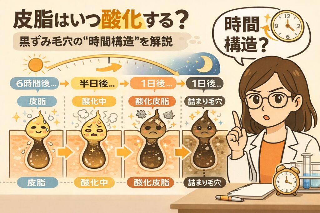 皮脂が酸化して黒ずみ毛穴になるまでの“時間構造”を解説するイラスト。皮脂分泌から6時間後、半日後、1日後と段階的に酸化が進み、最終的に毛穴詰まりへ至る流れをタイムラインで可視化。毛穴断面の擬人化キャラクターと時計のモチーフを用い、皮脂酸化が時間依存で進行することを分かりやすく示している。