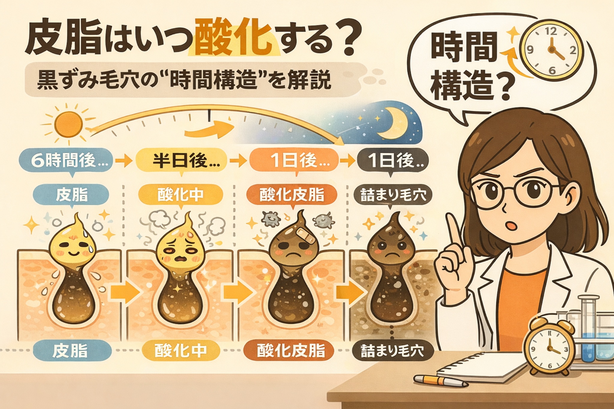 皮脂が酸化して黒ずみ毛穴になるまでの“時間構造”を解説するイラスト。皮脂分泌から6時間後、半日後、1日後と段階的に酸化が進み、最終的に毛穴詰まりへ至る流れをタイムラインで可視化。毛穴断面の擬人化キャラクターと時計のモチーフを用い、皮脂酸化が時間依存で進行することを分かりやすく示している。