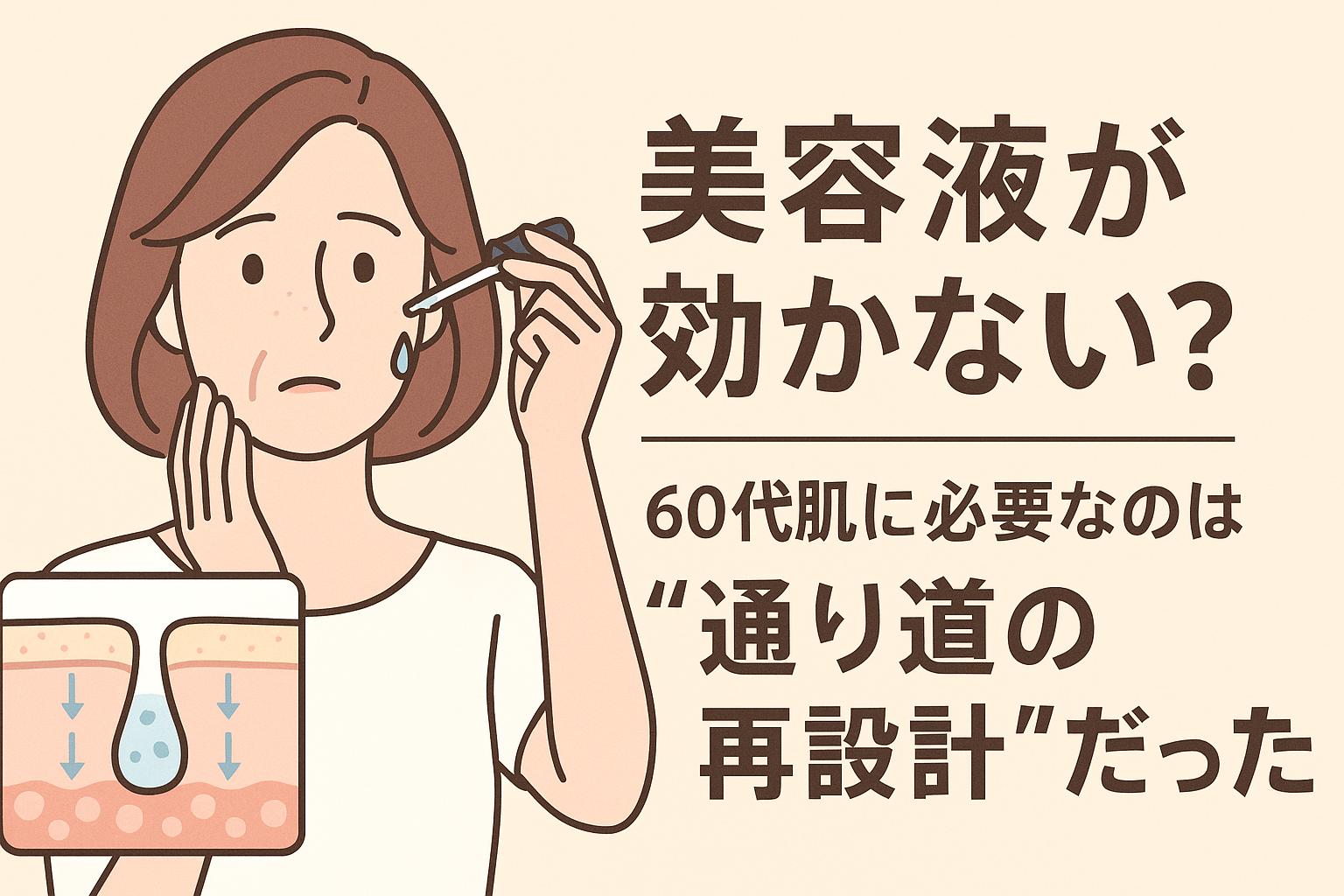 60代女性が美容液を頬に塗布しながら、効果に疑問を感じている様子のイラスト。左下には美容液の通り道を示す肌構造の断面図が添えられており、右側には「美容液が効かない？──60代肌に必要なのは“通り道の再設計”だった」という太字の日本語テキストが配置されている。背景は淡いベージュ、全体はフラットな漫画調のスタイル。
