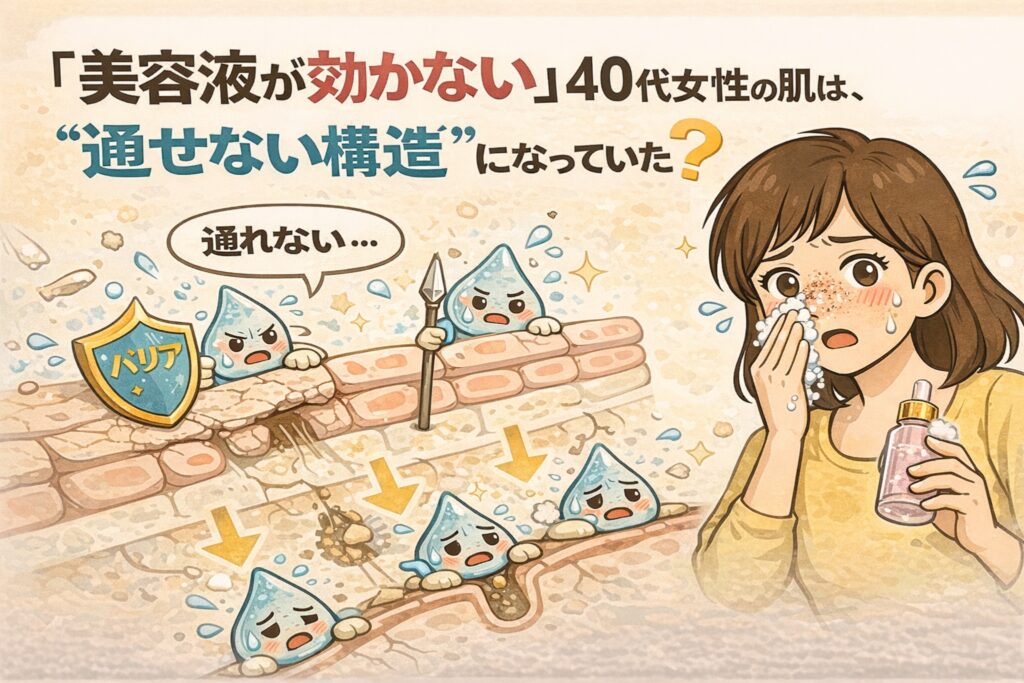 40代女性の「美容液が効かない」原因を構造的に解説する図解イラスト。肌表面のバリア構造が強まり、美容成分が角質層を通過できずに止まってしまう様子が擬人化で描かれている。左側では“通せない構造”として防御壁のような角質層が示され、成分が弾かれている状態が表現されている。右側には洗顔後に美容液を使いながら悩む女性が描かれ、年齢とともに起こる肌構造の変化と浸透しにくさを分かりやすく伝える教育用ビジュアル。