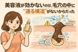 美容液が効かない原因は、毛穴の中に“通る構造”がないことだと解説するイラスト。美容液を手に悩む女性と、角栓によって塞がれた毛穴断面図を対比し、美容成分が途中で遮られて浸透できない構造的な問題を分かりやすく表現している。