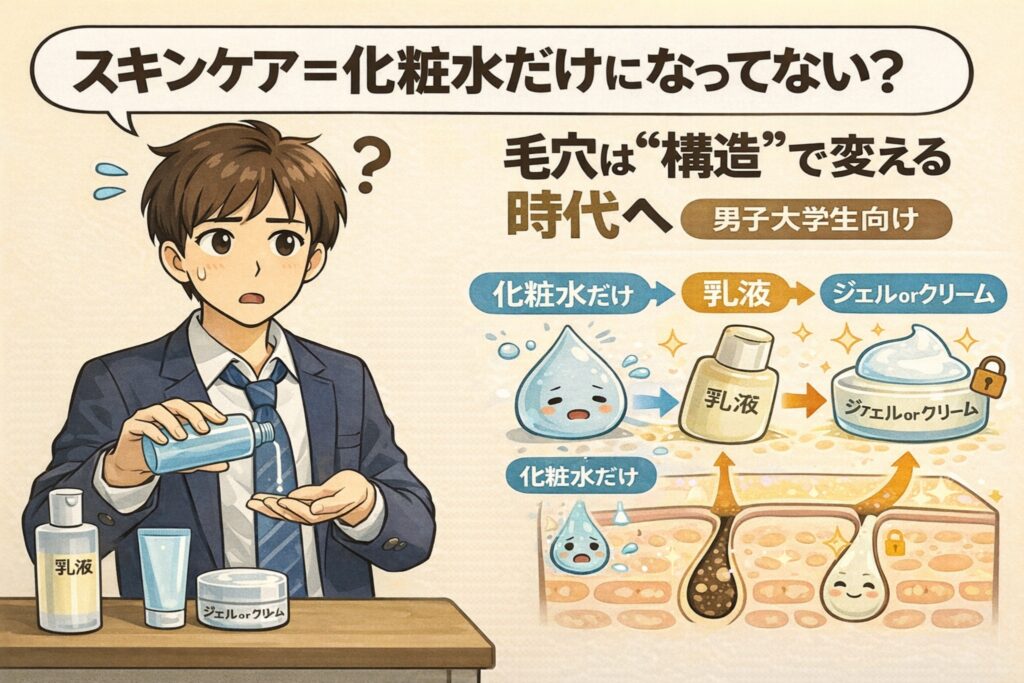 スキンケアが化粧水だけになっている男性向けに、毛穴ケアは“構造”で考える必要があることを解説した図解イラスト。化粧水のみの場合と、乳液・ジェルやクリームでフタをした場合の違いを、毛穴断面図と擬人化キャラクターで比較している。