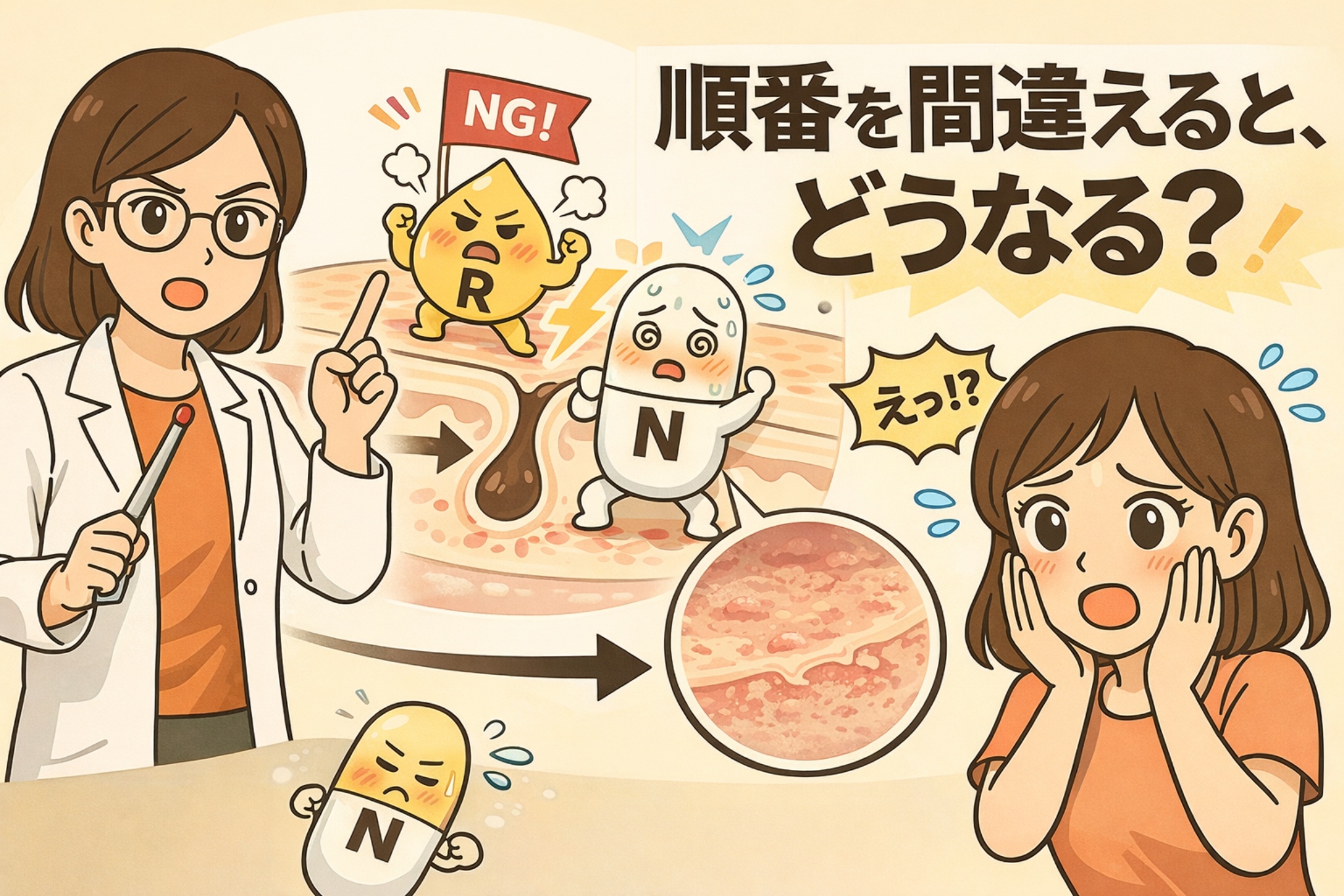 スキンケアの順番を間違えた場合に起こるトラブルを説明するイラスト。白衣の女性がNGサインを出し、成分キャラクター（R・N）が誤った順番で毛穴に影響する様子が描かれている。順番ミスによって肌内部が乱れ、赤みや刺激が出た肌を見て驚く女性が「順番を間違えると、どうなる？」と不安を抱いている構図。
