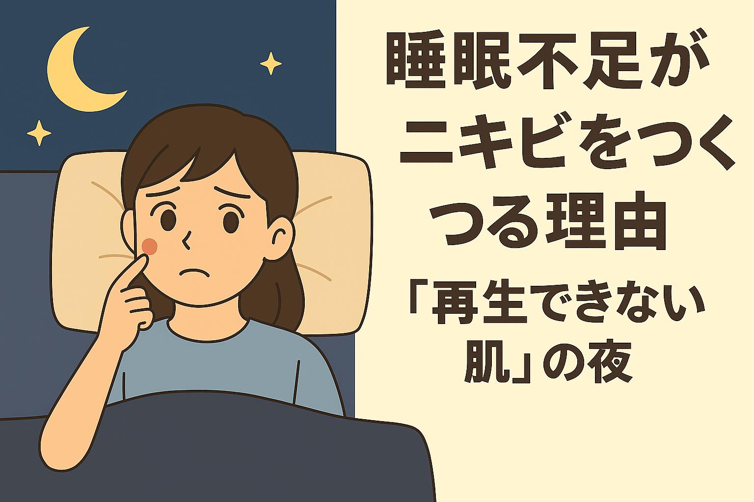 枕元で目を覚ました女性が赤ニキビに悩みながら顔を触れているイラスト。背景は夜で、月と星が浮かび、肌再生が行われないイメージが左下に描かれている。