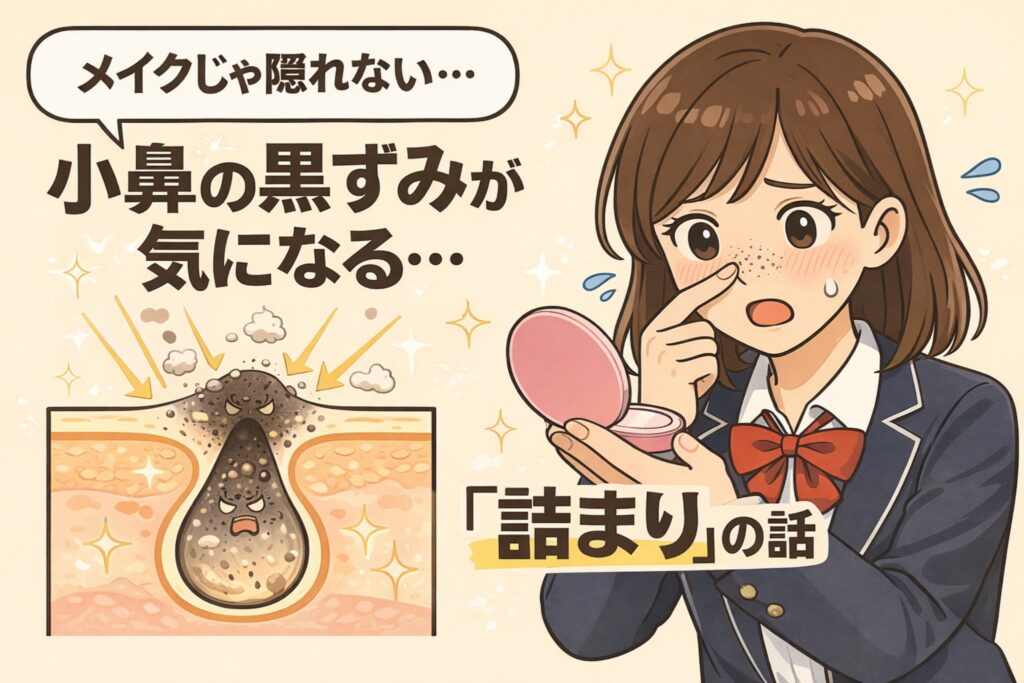 メイクでは隠しきれない小鼻の黒ずみが気になる様子を描いたイラスト。鏡を見ながら小鼻を指さす女子学生と、毛穴内部に詰まった角栓の断面図を通して、黒ずみの正体が「汚れ」ではなく「詰まり」であることを分かりやすく表現している。