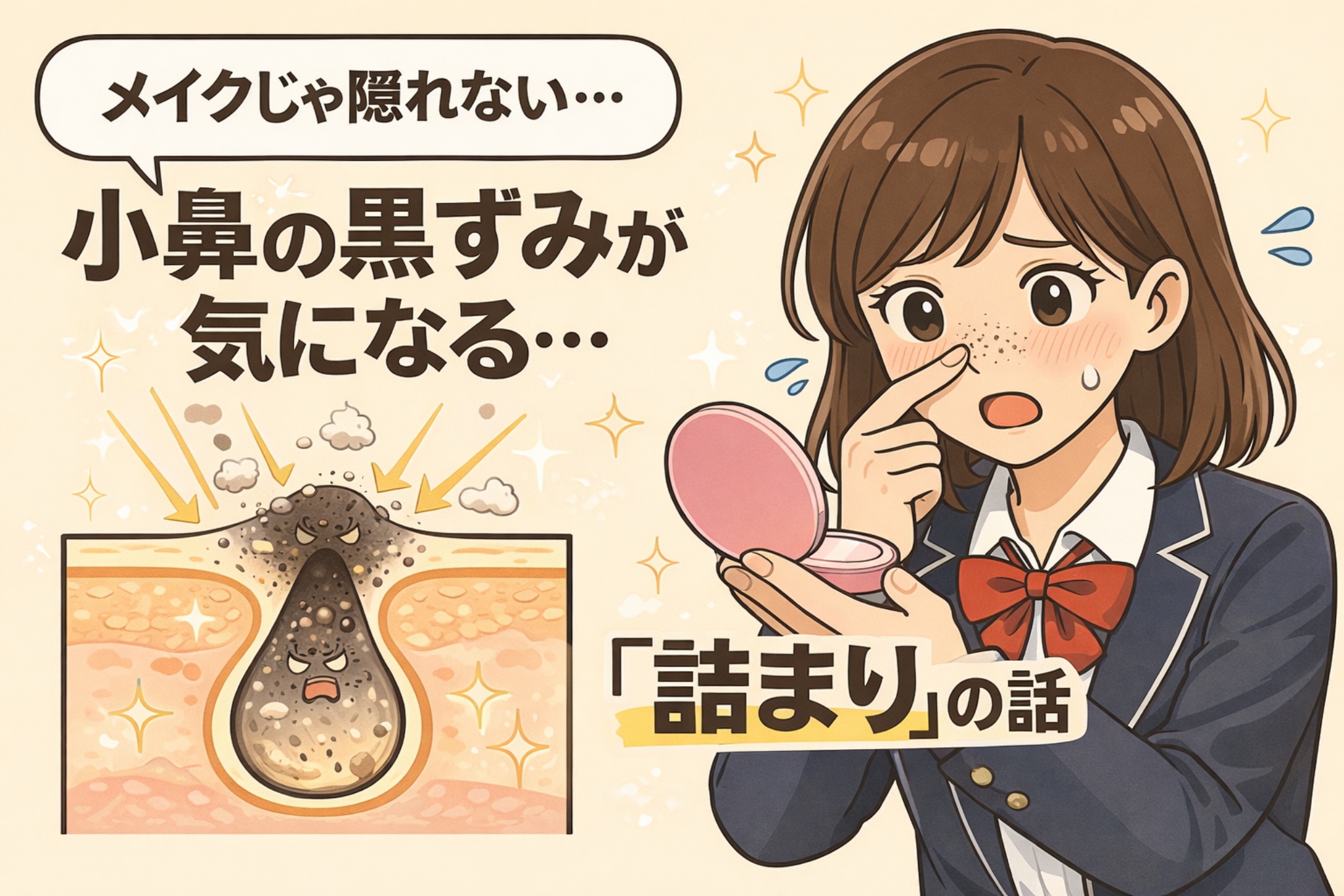 メイクでは隠しきれない小鼻の黒ずみが気になる様子を描いたイラスト。鏡を見ながら小鼻を指さす女子学生と、毛穴内部に詰まった角栓の断面図を通して、黒ずみの正体が「汚れ」ではなく「詰まり」であることを分かりやすく表現している。