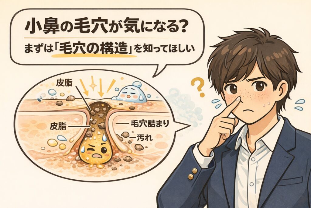 小鼻の毛穴が気になる理由を、毛穴の構造から解説したイラスト。皮脂や汚れが毛穴の出口に集まりやすく、毛穴詰まりとして目立つ仕組みを、毛穴断面図と小鼻を気にする男性の表情で分かりやすく示している。