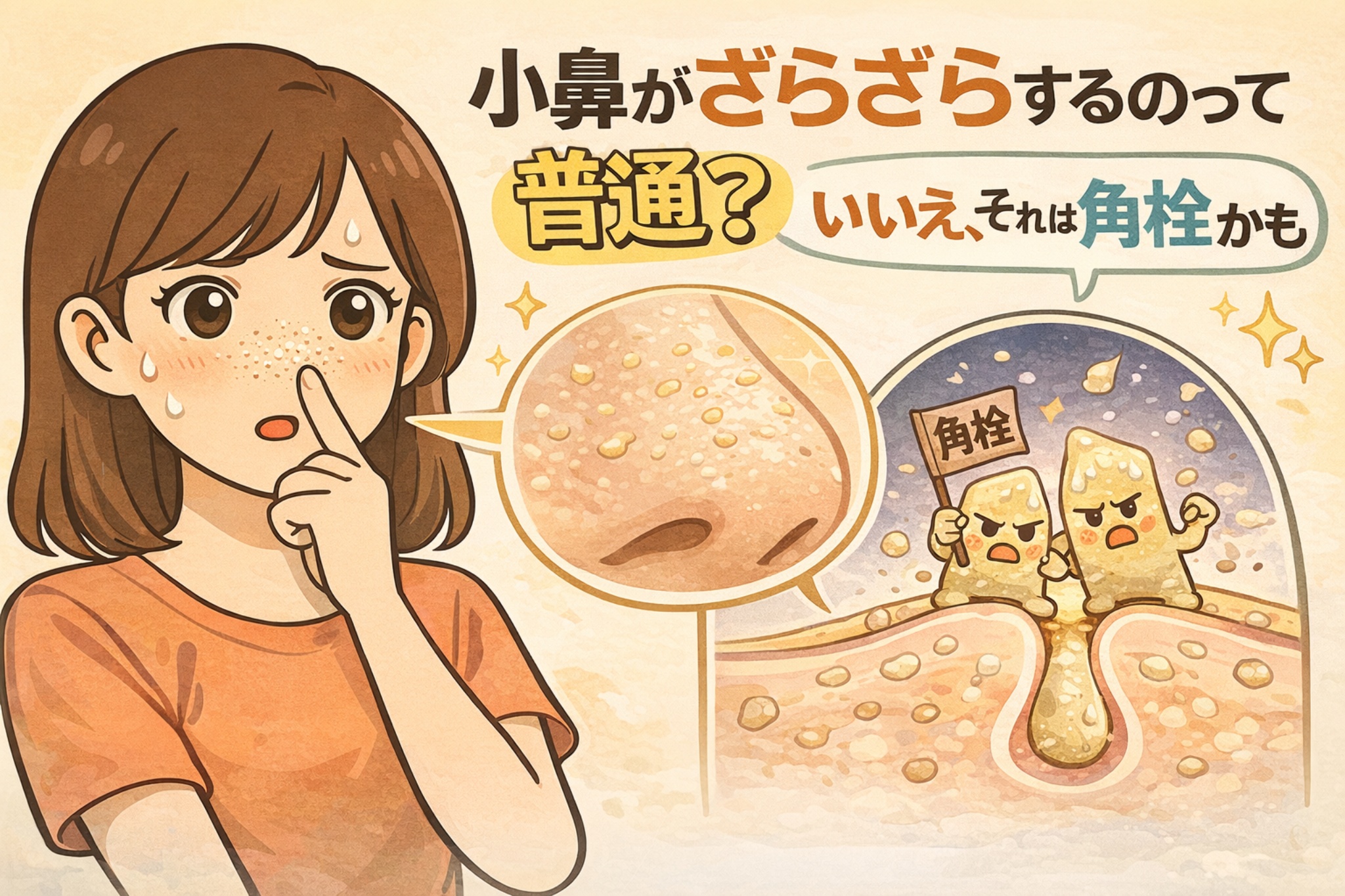小鼻がざらざらする原因が角栓である可能性を解説する図解イラスト。小鼻を触って違和感を覚える女性と、拡大図で毛穴の表面に角質や皮脂が溜まり、角栓として盛り上がっている様子が描かれている。右側では角栓を擬人化したキャラクターが毛穴に詰まる様子が示され、小鼻のざらつきは普通ではなく角栓が原因かもしれないことをわかりやすく伝えるビジュアル。