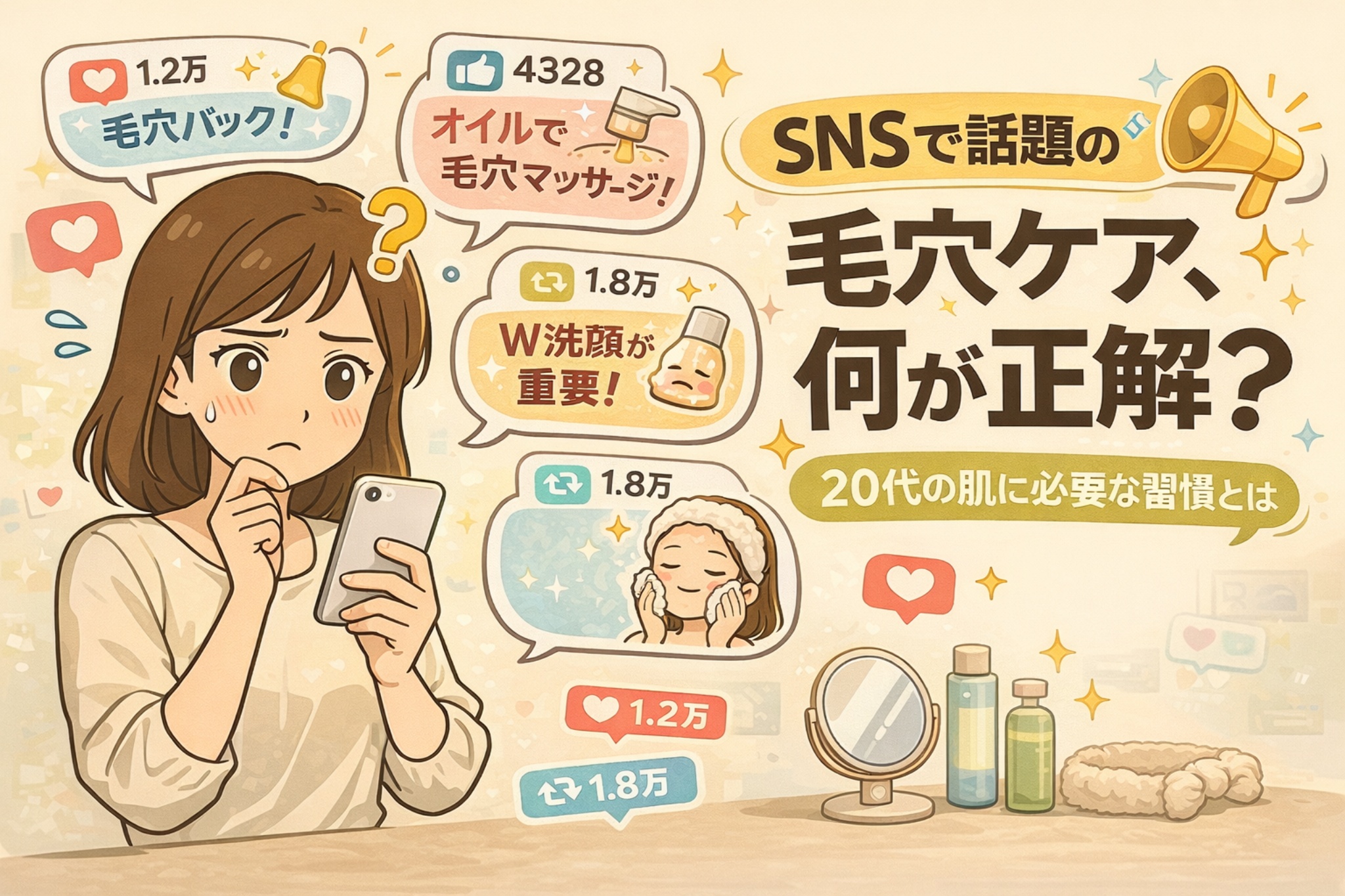 SNSで話題のさまざまな毛穴ケア情報（毛穴パック、オイルマッサージ、W洗顔など）に迷う20代女性が、どれが正解なのか考えている様子を描いたイラスト。いいね数が多い投稿と実際に必要なスキンケア習慣の違いを示唆している。