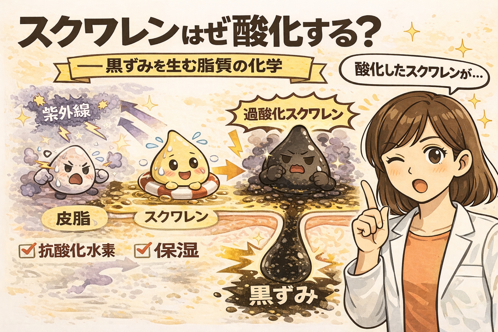 スクワレンが酸化して黒ずみになる仕組みを解説した図解イラスト。紫外線の影響で皮脂中のスクワレンが過酸化スクワレンに変化し、毛穴内で黒ずみが形成される流れを、成分の擬人化と毛穴断面図で示している。