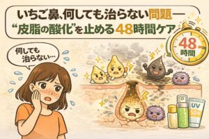いちご鼻が治りにくい原因を皮脂の酸化プロセスで解説したイラスト。毛穴内の皮脂が時間経過で酸化し角栓化する様子と、48時間以内のケアで酸化を抑えるという考え方を、断面図と時計アイコンでわかりやすく示している。