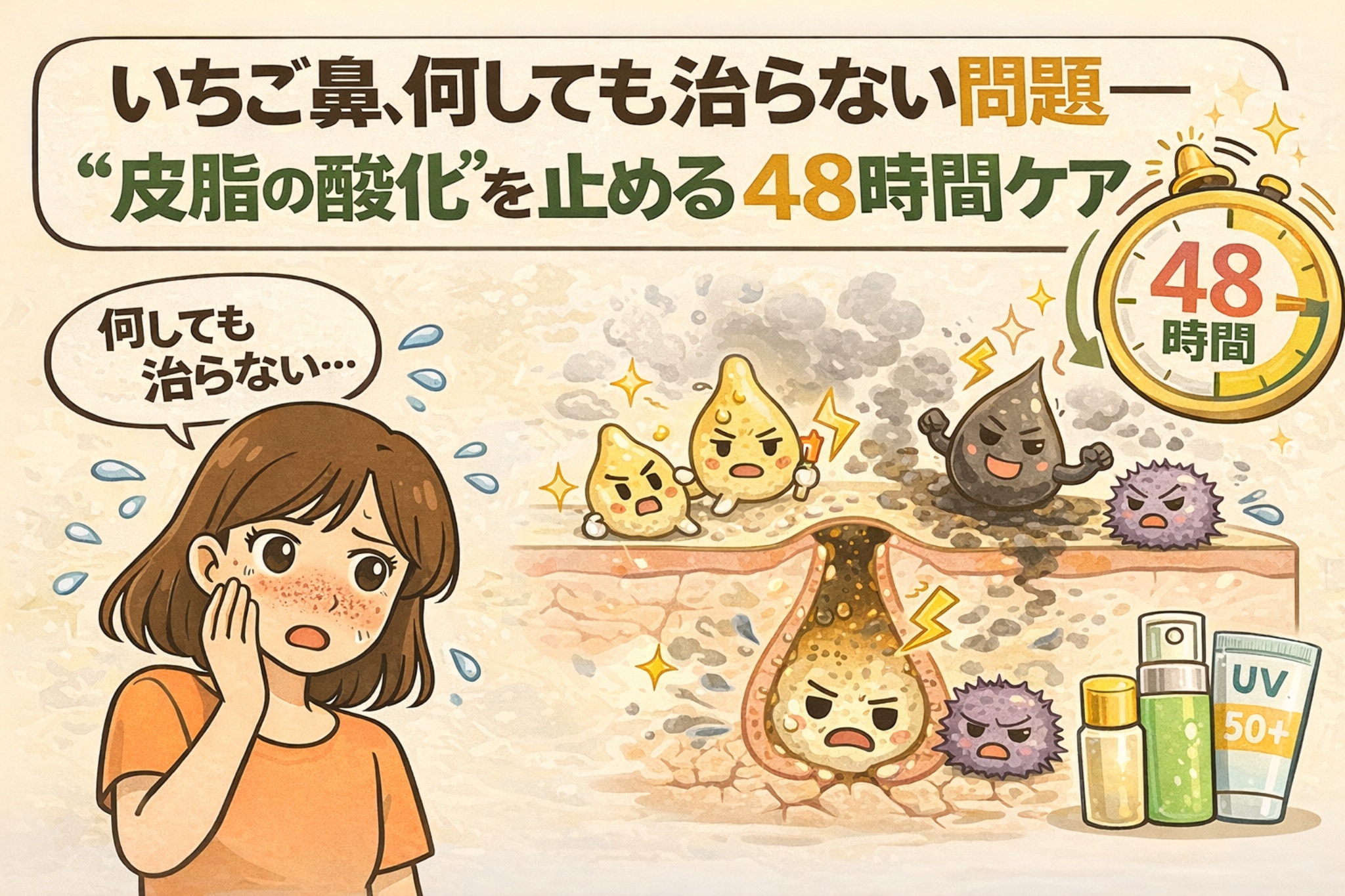 いちご鼻が治りにくい原因を皮脂の酸化プロセスで解説したイラスト。毛穴内の皮脂が時間経過で酸化し角栓化する様子と、48時間以内のケアで酸化を抑えるという考え方を、断面図と時計アイコンでわかりやすく示している。