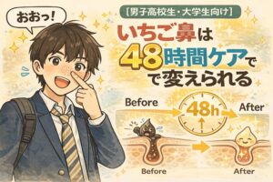 男子高校生・大学生向けに、いちご鼻は48時間ケアで変えられることを伝えるイラスト。鼻の黒ずみを指さす学生の表情と、48時間のビフォーアフターで角栓が整っていく毛穴断面図を対比し、正しいケア習慣の重要性を分かりやすく示している。