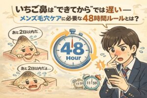 いちご鼻は「できてから」では遅いことを示すメンズ毛穴ケアの解説イラスト。皮脂が角栓化するまでの48時間ルールを中心に、ストップウォッチで時間経過を表現。皮脂が詰まり始めて焦る毛穴キャラクターと、スマートフォンを見ながら鼻の黒ずみに気づく男子学生が描かれ、早めのケアが重要であることを分かりやすく伝えている。