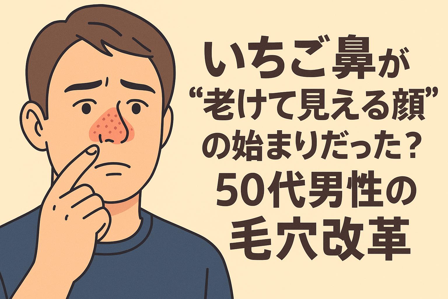 いちご鼻が「老け顔の始まり」であることに気づく50代男性向けのイラスト。黒ずんだ鼻を気にする男性と、目立つ毛穴を強調した表現により、毛穴ケアの必要性と印象変化の重要性を視覚的に伝える構成。