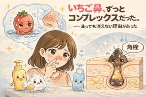 いちご鼻が洗顔しても改善しない理由を解説したイラスト。鼻の黒ずみに悩む女性と、毛穴断面に詰まった角栓の構造を対比し、汚れではなく角栓が原因であることを視覚的に示している。