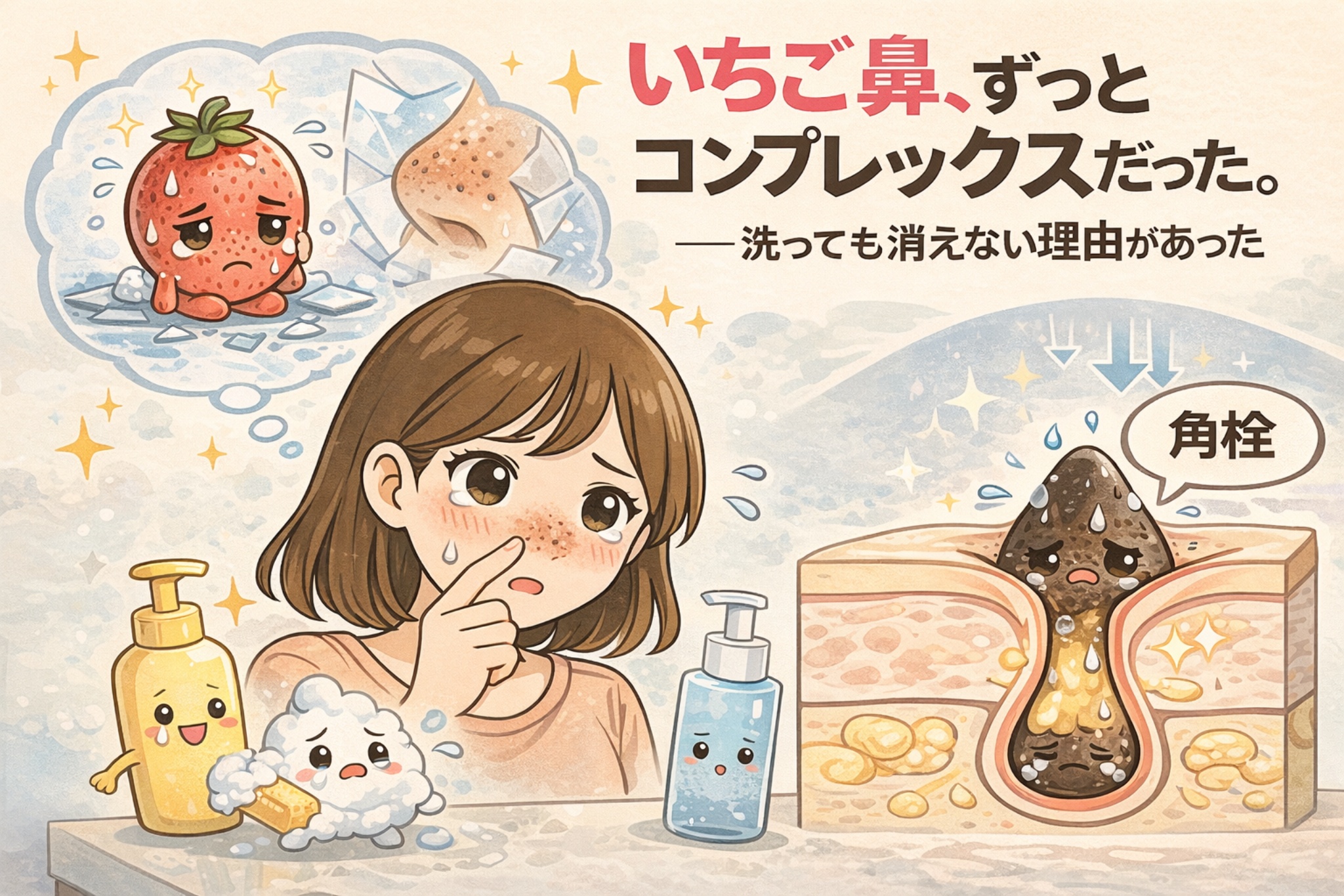 いちご鼻が洗顔しても改善しない理由を解説したイラスト。鼻の黒ずみに悩む女性と、毛穴断面に詰まった角栓の構造を対比し、汚れではなく角栓が原因であることを視覚的に示している。