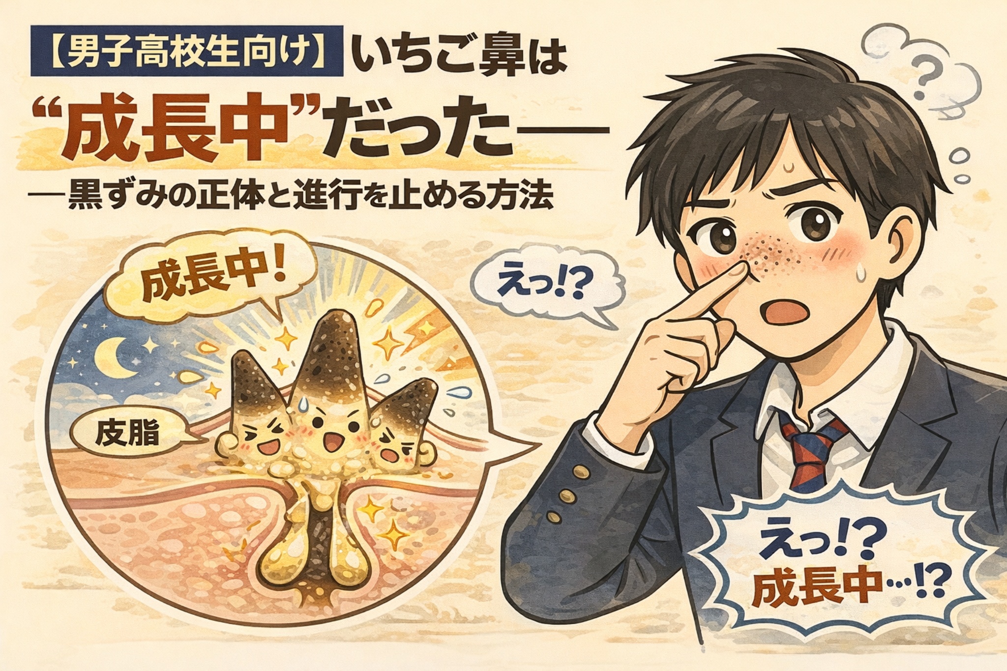 男子高校生向けに、いちご鼻は「成長中」の状態であることを解説する図解イラスト。鼻の黒ずみを気にする男子高校生と、毛穴断面図では皮脂分泌が活発な思春期に角栓が成長している様子が描かれている。黒ずみは汚れではなく、皮脂分泌と毛穴構造の変化による進行過程であることを示し、正しいケアで進行を止められる可能性を伝えるビジュアル。