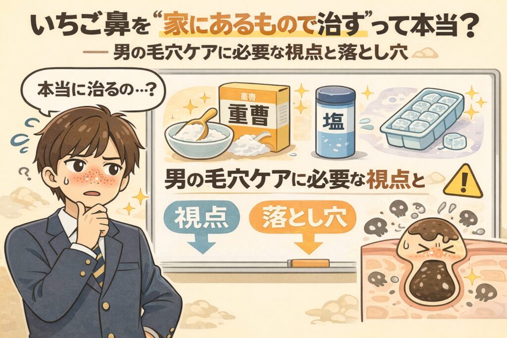 「いちご鼻を家にあるもので治すのは本当か？」をテーマに、重曹・塩・氷などの家庭用品に期待が集まりがちな男性の毛穴ケアについて、必要な視点と落とし穴を整理したイラスト。悩む男性の表情と、誤ったケアで角栓が悪化するイメージを対比し、注意喚起を行っている。