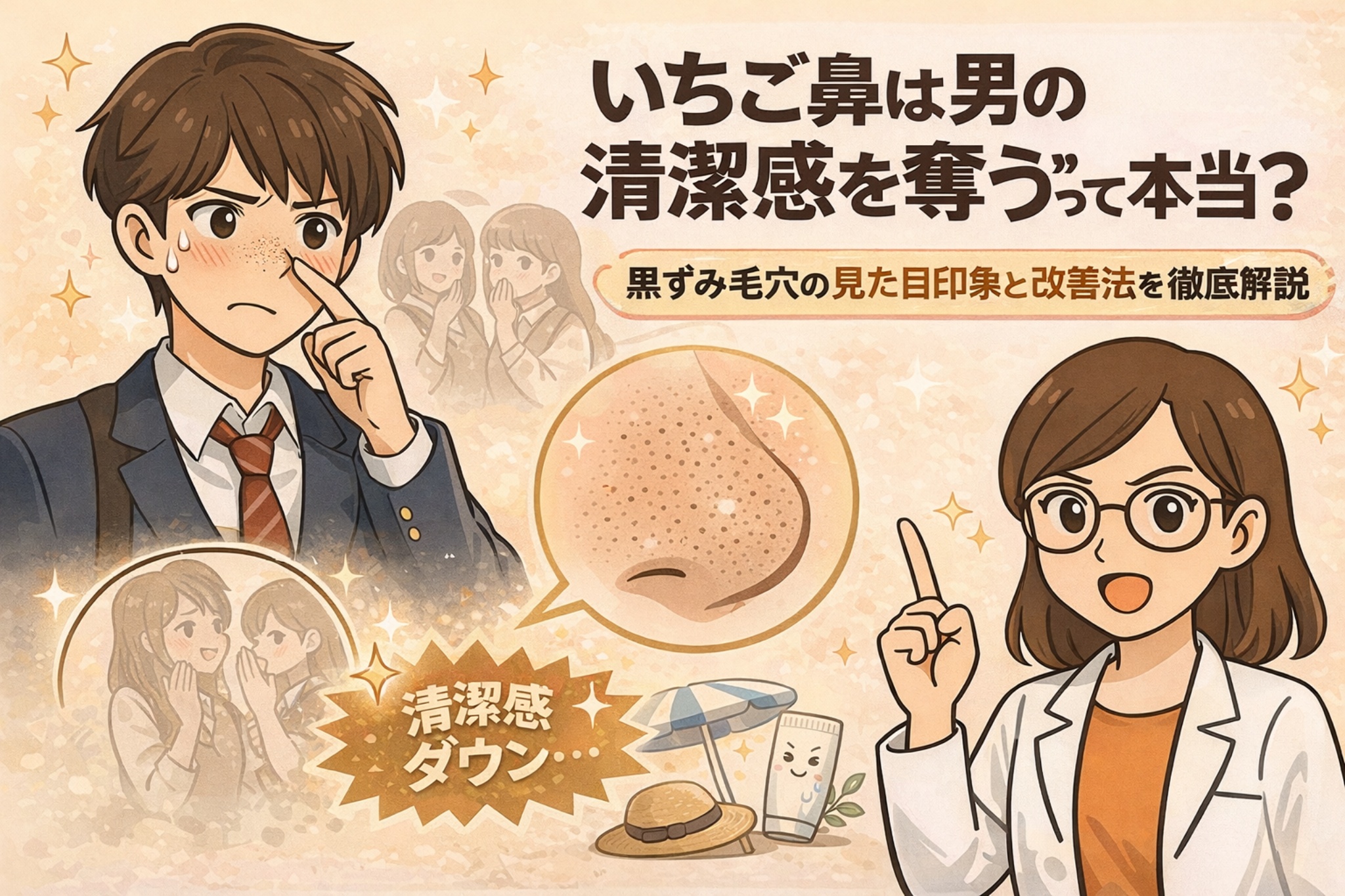 いちご鼻は男性の清潔感を損なうのかを解説するイラスト。鼻の黒ずみ毛穴が与える第一印象への影響と、その原因・改善方法を、悩む男性と周囲の視線、毛穴の拡大図、白衣の女性解説キャラクターが分かりやすく説明している。