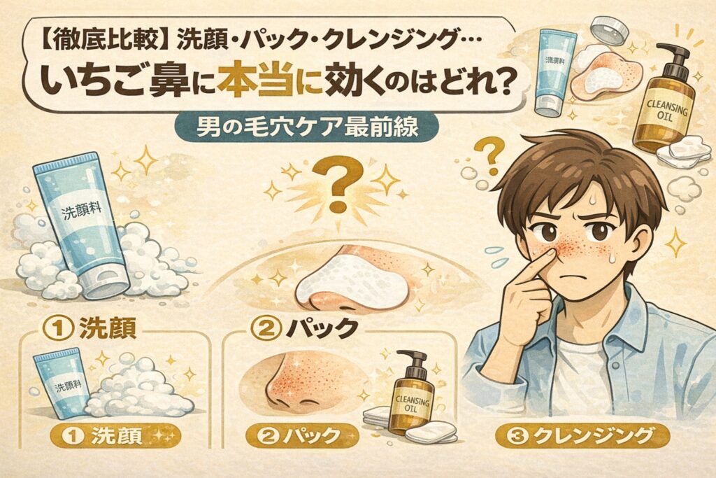 洗顔・パック・クレンジングのどれがいちご鼻に本当に効果的かを男性向けに比較解説したイラスト。鼻の黒ずみを気にする男性と、洗顔料・毛穴パック・クレンジングオイルのアイコンを並べ、男性の毛穴ケアにおける各方法の違いと限界を視覚的に示している。
